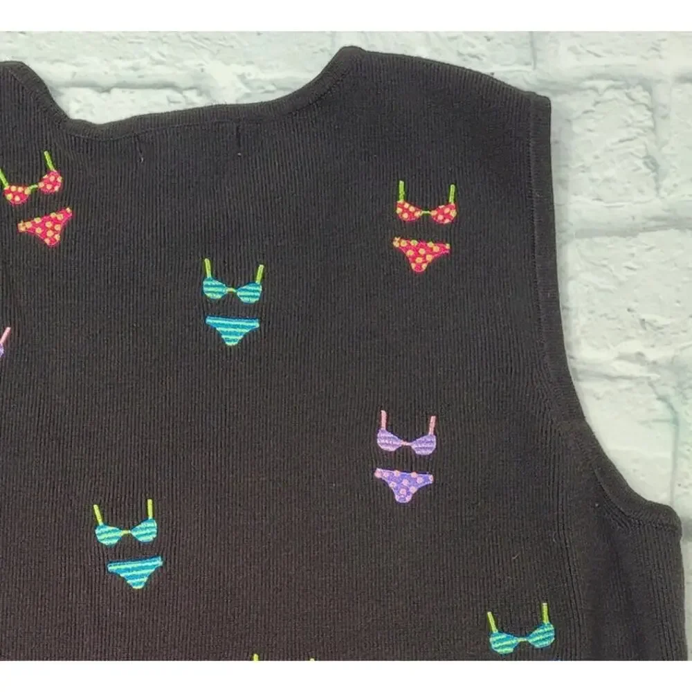 Alexandra Bartlett Black Sleeveless Multicolor Embroidered Bikini Sweater Large